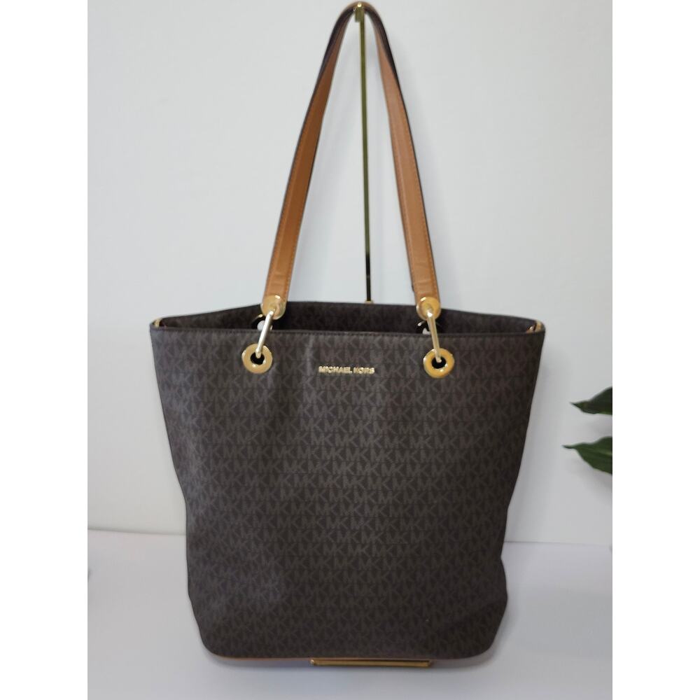 Michael Kors Jet Set Large Shoulder Tote Handbag Brown Luggage Coated Canvas - Picture 3 of 17
